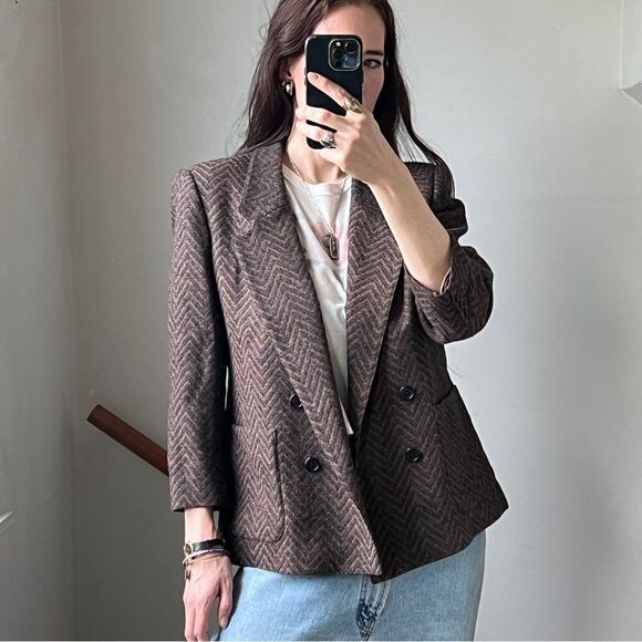 Vintage Evan Picone Herringbone Double Breasted Blazer Jacket Patch Pocket Brown - Picture 1 of 8